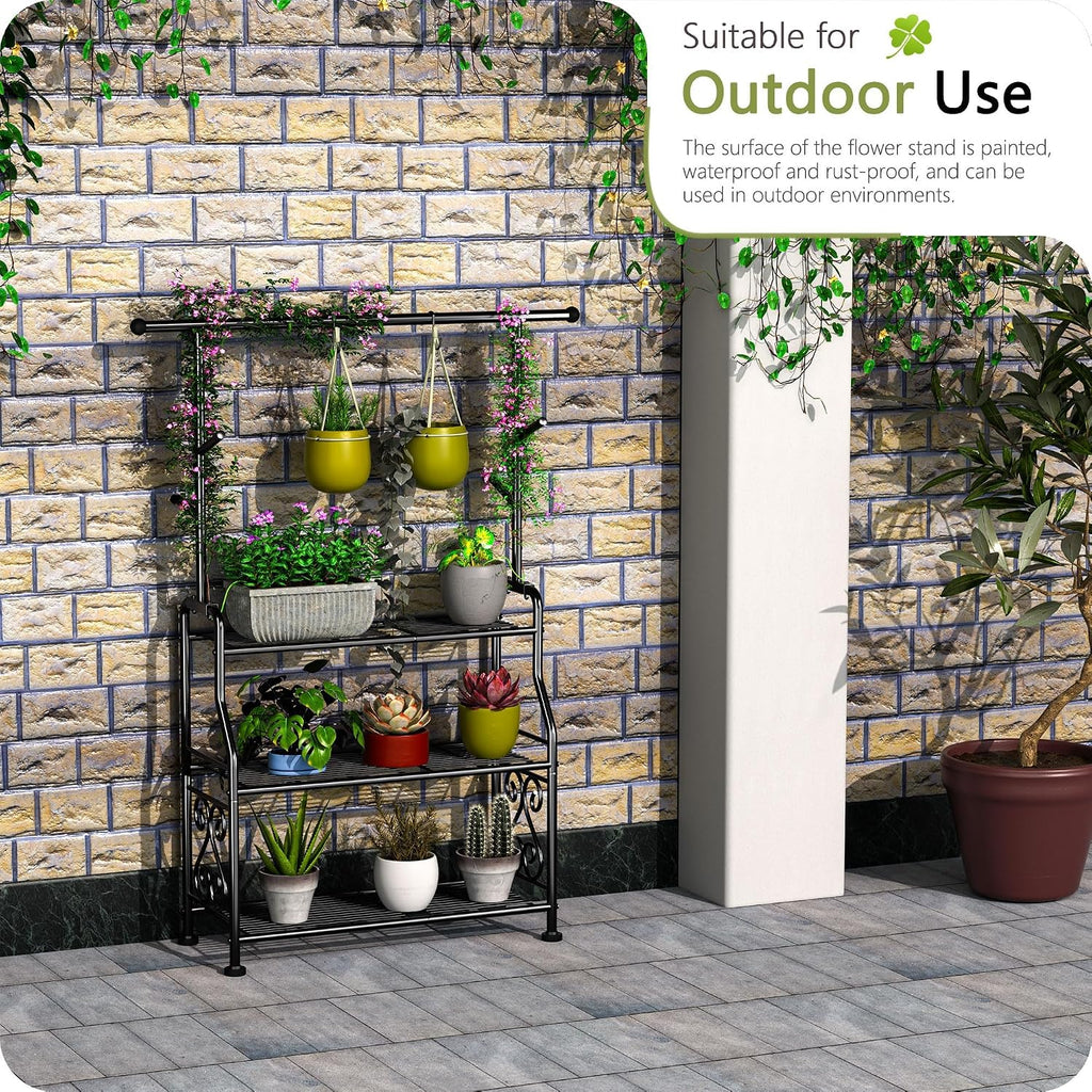 Plant Stand Indoor, 3-Tier Heavy Duty Metal Shelf & Indoor, Tall Plant Holds 14+ Plants with 5 Hooks, Rust-Proof