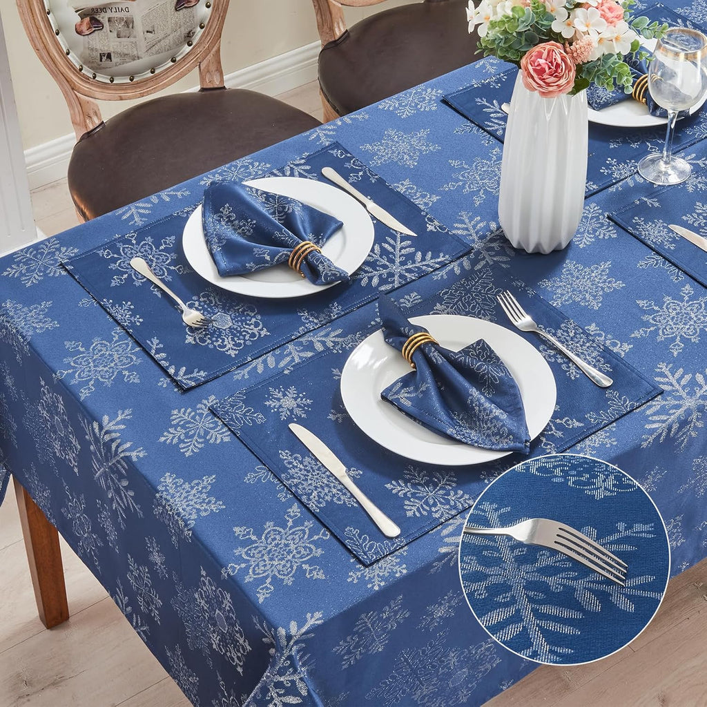 Rectangle Fancy Metallic Sparkling Snowflake Christmas Fabric Table Cloth red Hunter Gold Navy White