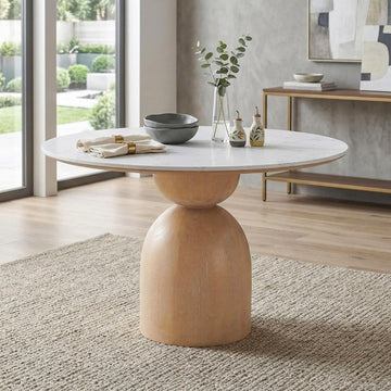 Sonya Modern Round Dining Table with Drum Base and Faux Marble Stone Top, Easy Assembly for Home, Kitchen and Living