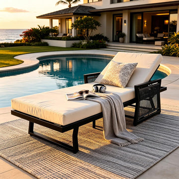 Patio Chaise Lounge with Cushion, Adjustable Outdoor Lounge Chair Featuring Woven Rope Armrests, Iron Frame, Built-in