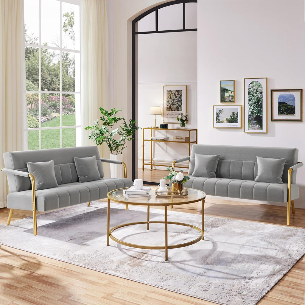 56.5" W Modern Sofa Small Sofa Luxurious Velvet Fabric Couch with Gold-Tone Metal Arms and Legs for Living Room