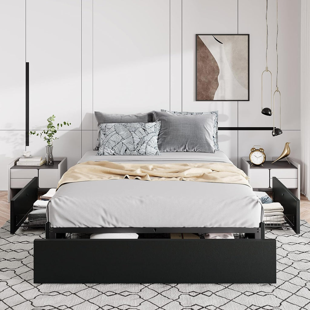Full Platform Bed Frame with 3 Storage Drawers, Faux Leather Upholstered, Wooden Slats Support, No Box Spring Needed