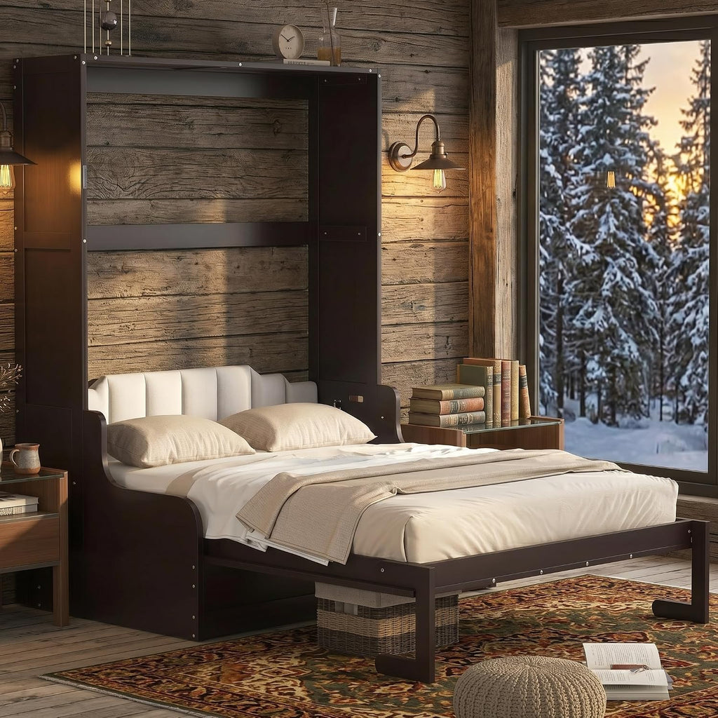 Queen Murphy Bed, Wooden Queen Murphy Bed Wall Bed with Sofa and Cushion, for Home Office or Small Room, Espresso