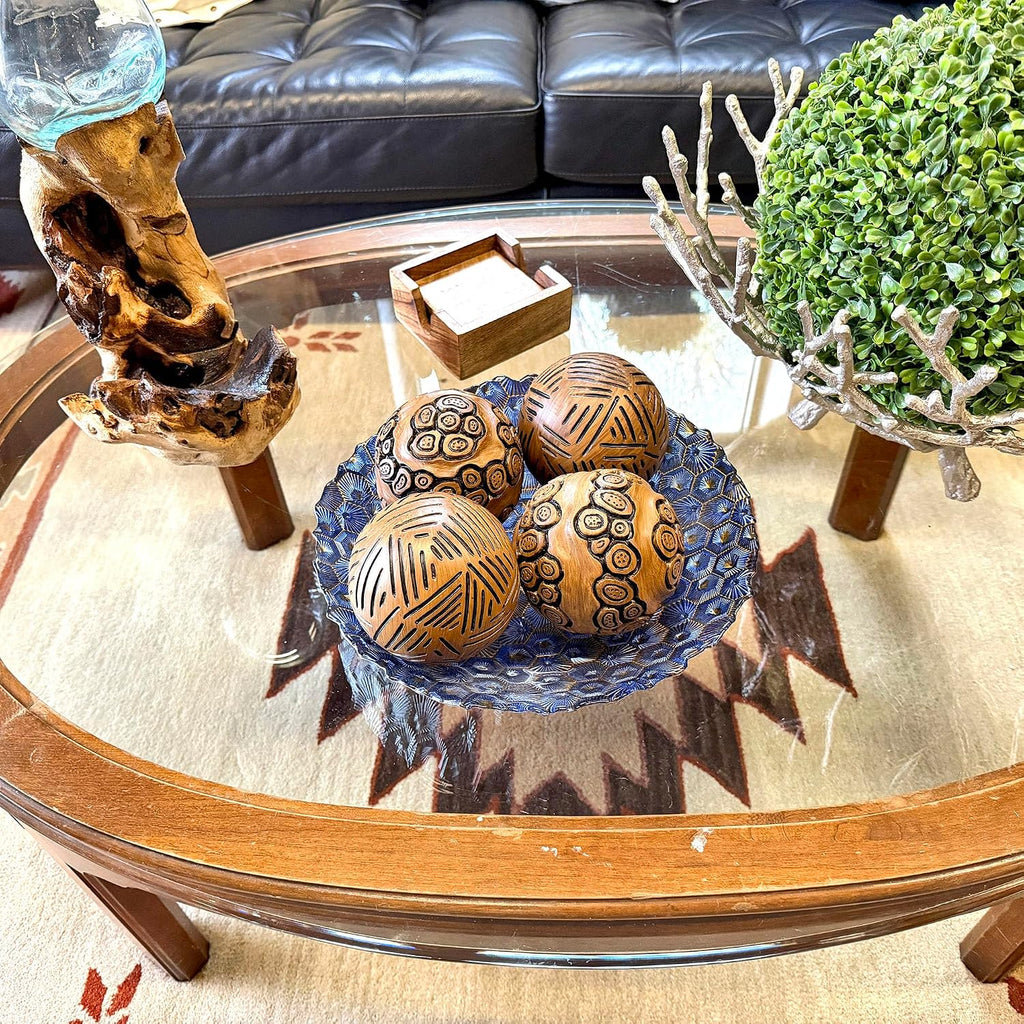 Decorative Orbs Set of 4 Brown Resin Carved Spheres, 4 Inch | Distressed Painted Finish, Tribal-Inspired Lines and