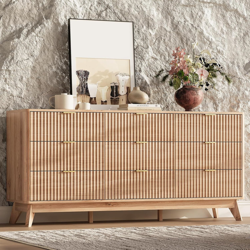 63'' Wide 9 Drawers Dresser ,Modern Fluted Vertical Chest with Rounded Corners,Fluted Dresser , Natural Wood