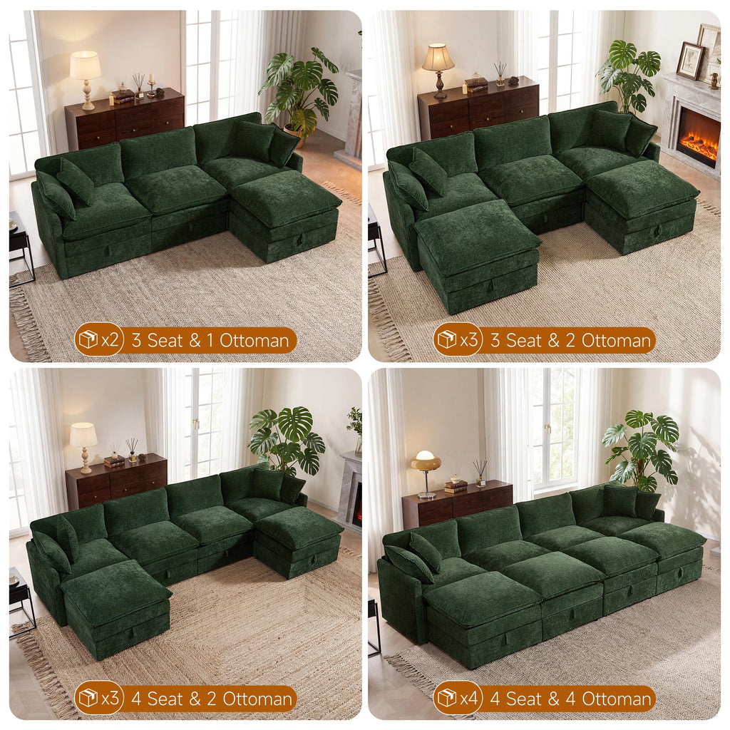 Modular Sofa Couch with Storage, 103" U-Shape Sectional Cloud Couch, Oversized Deep Seat Comfy Fabric Couch (Green