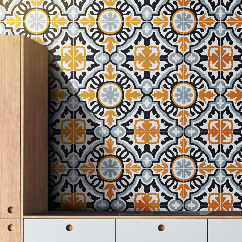 Mosaic BAHA Handmade 8x8in Cement Tile in Orange, Black, Grey