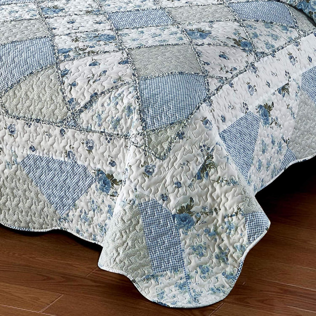 Blue Floral Patchwork Quilt Set, 3 Piece Bedding Set with 2 Pillowcases