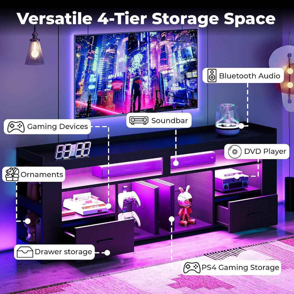 TV Stand for 75 Inch TV, Carbon Fiber Entertainment Center with 2 Drawers, Charging Station & RGB LED Light, Gaming