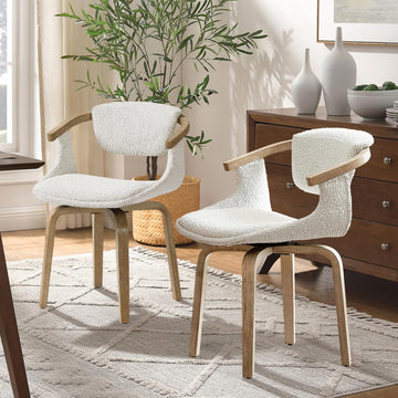 Swivel Desk Chairs No Wheels, Mid Century Modern Office Chairs, Boucle Dining Chairs with Wood Legs, Accent Arm