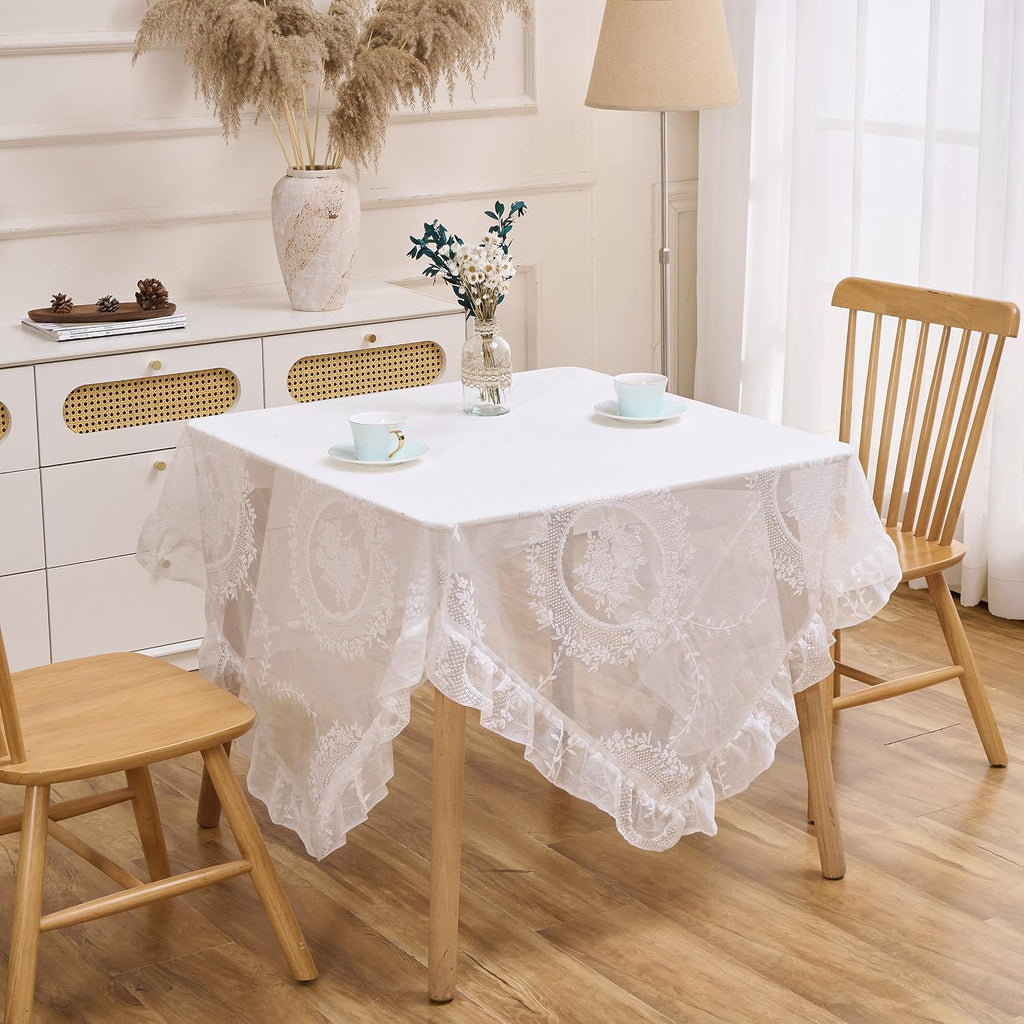 White Floral Embroidered Lace Square Tablecloth 55”x55” Vintage Table Cover (White, 55”x55”, Square)