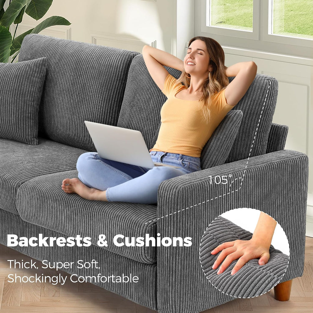 70in Corduroy Couch, Sofa No Tool Assembly, Comfy Couches 21in Deeper Seats, Corduroy Sofas with 2 Pillows, Oversized