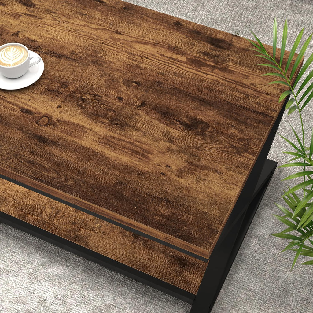 Wood Coffee Table with Storage, Farmhouse Rustic Brown Coffee Table, Modern Minimalist 2 Tier Center Table