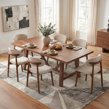 Wooden Dining Chairs Set of 6, Farmhouse Upholstered Fabric Kitchen Chairs, Mid-Century Modern Dining Room Chairs