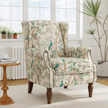 Wingback Accent Chair with Wood Legs, Bird, Set of 1 | High Back with Side Wings | Armrest Nailhead Trim | Solid Wood