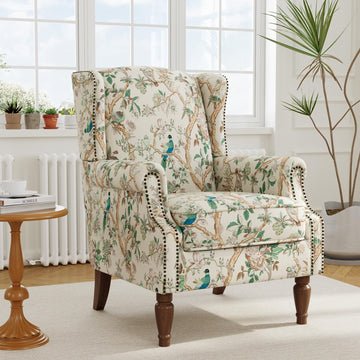 Floral Wingback Accent Chair with Wood Legs, Bird, Set of 1