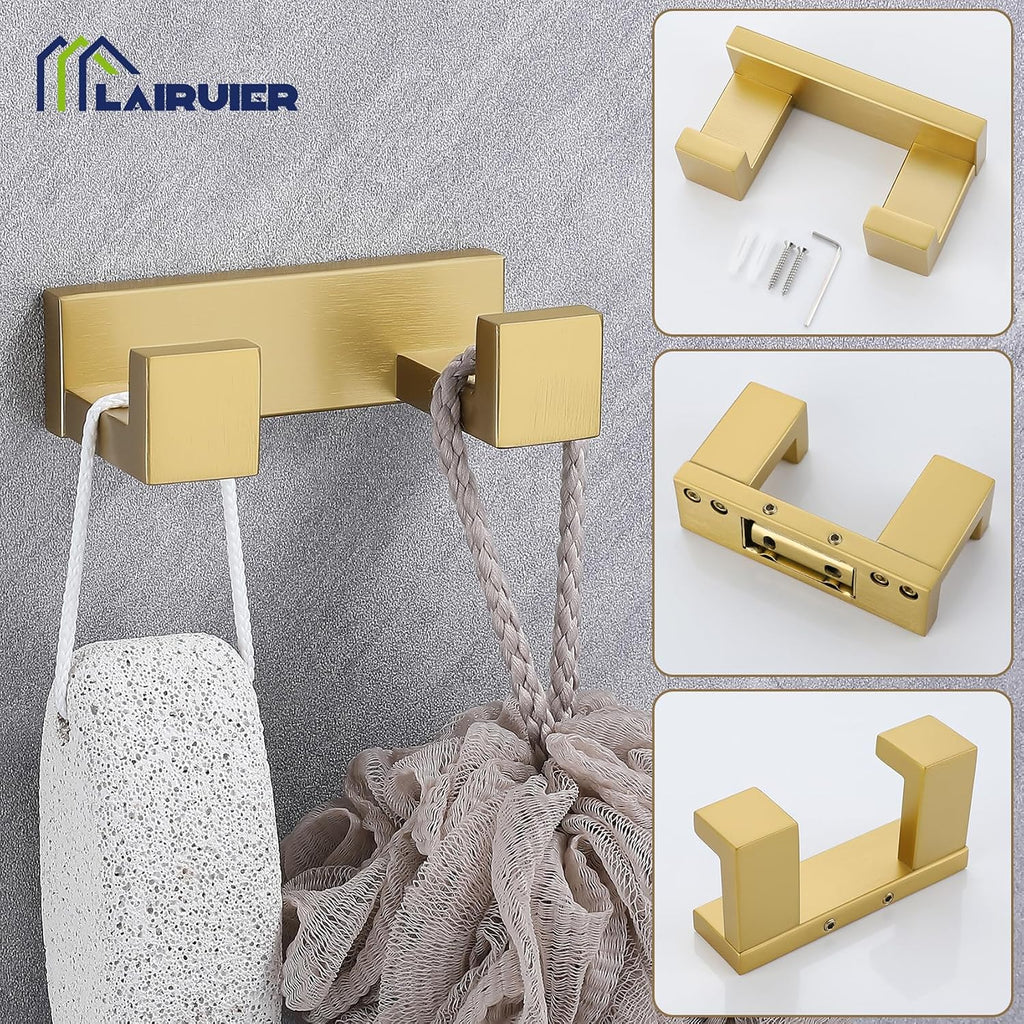 Brushed Gold Bathroom Accessories, Toilet Paper Holder, Towel Bar and Hook | 3 Pieces Bathroom Hardware Set, SUS304