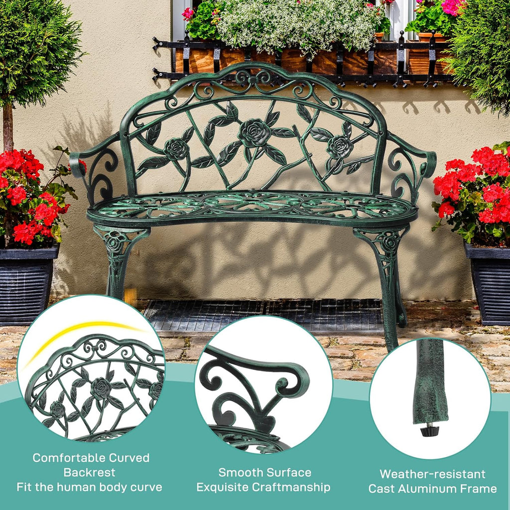 38.5" Patio Park Garden Outdoor Metal Rose Bench, 2-Person Cast Iron Cast Aluminium Frame Antique Finish