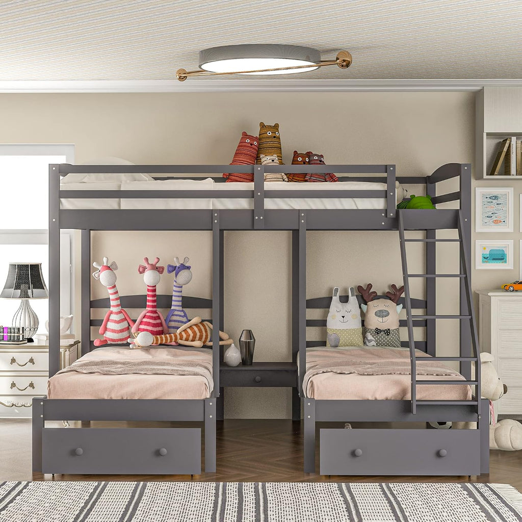 Full Over Twin Bunk Bed Frame,Triple Bunk Bed with Drawers, Gray