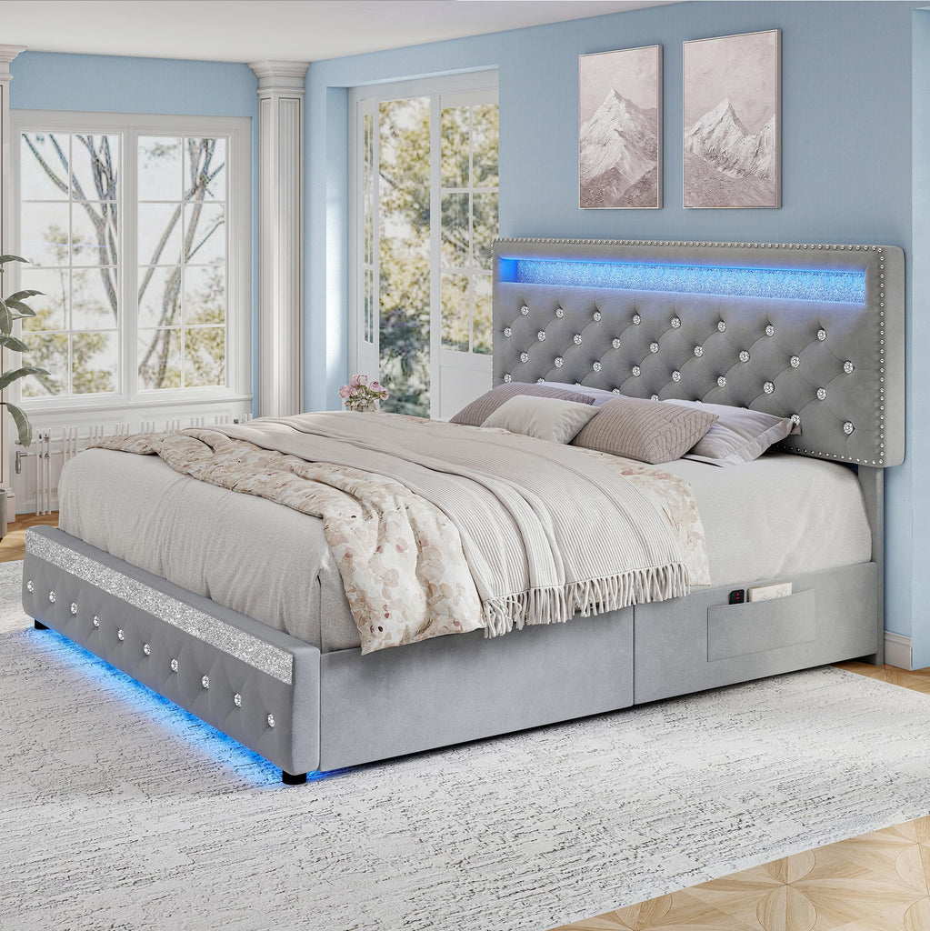 Queen LED Bed Frame with Adjustable Headboard & Drawers, Grey Velvet