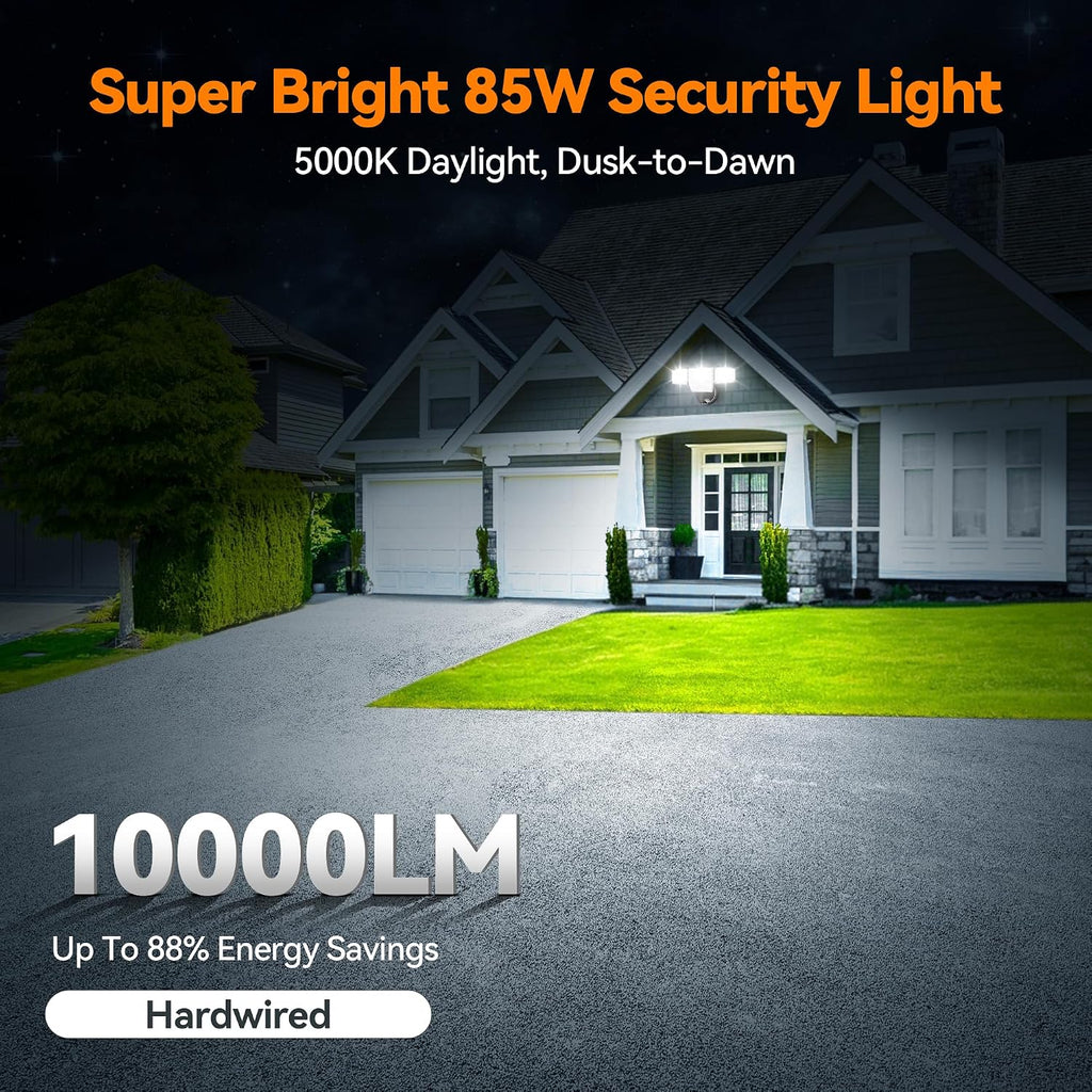 85W 10000LM Dusk to Dawn Outdoor Lighting, 4-Head Super Bright LED Flood Light, 5000K Daylight, IP65 Waterproof