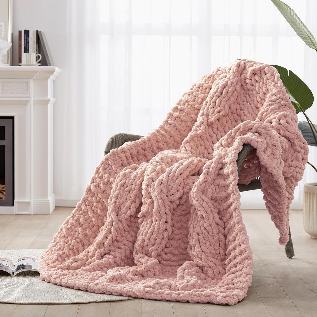 Chunky Knit Blanket Throw - 100% Hand Knitted Chunky Soft Throw Blanket, Thick and Warm Blanket for Winter, Pink