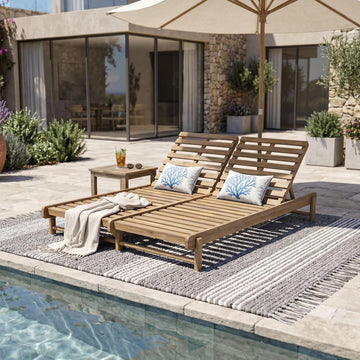 Double Outdoor Chaise Lounge Frame with 3-Position Adjustable Backrest, 2 Piece Acacia Wood Recliner Chair