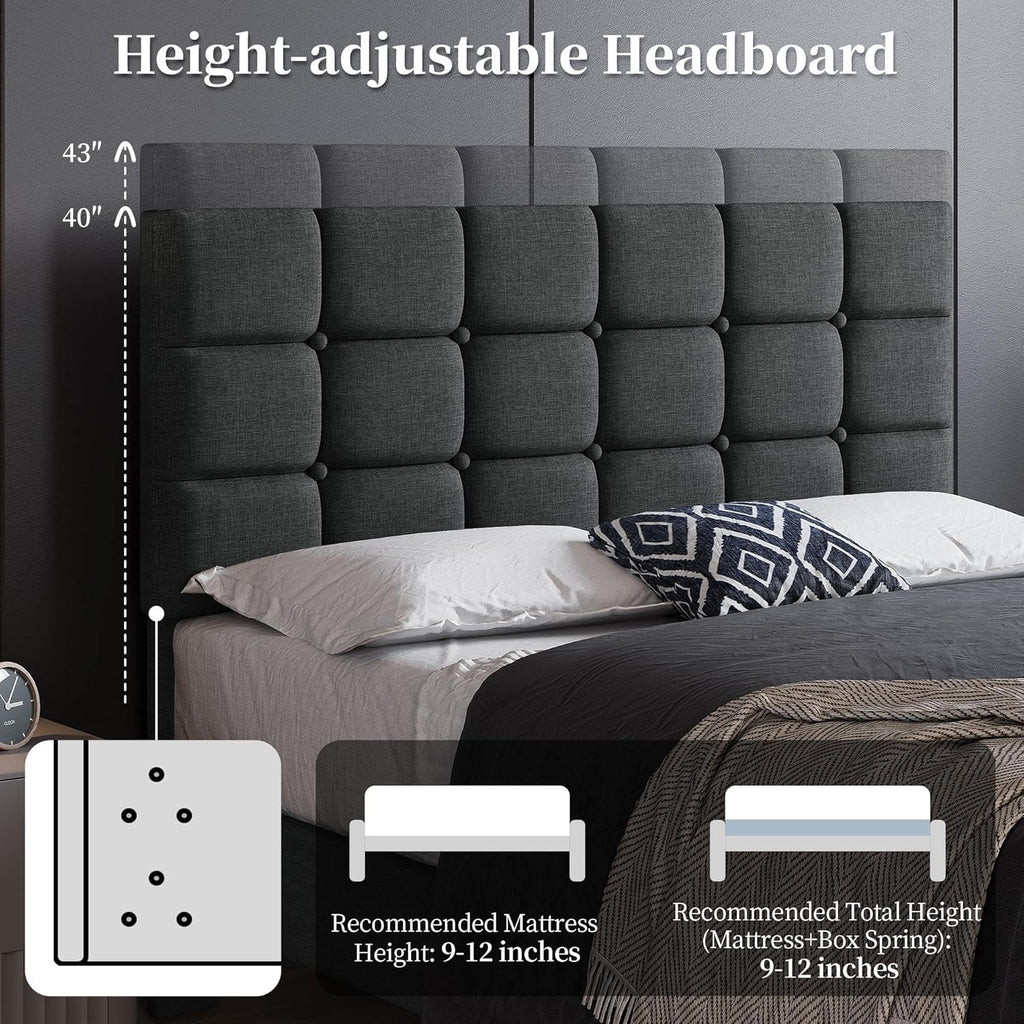 Upholstered Bed Frame, Modern Full Bed Platform with Square Stitched&Button Tufting Headboard Height Adjustable