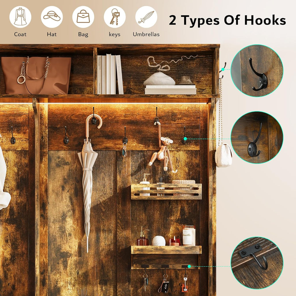 70" Large Hall Tree with Bench and Adjustable Storage Shelves, 6-in-1 Farmhouse Entryway Bench w/Coat Rack, Top