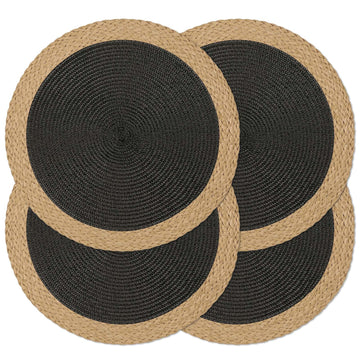Round Placemats Set of 4, Woven Table Mats, Wide Edge, Black