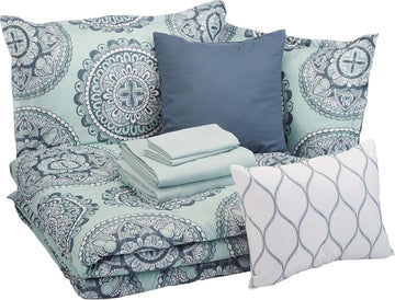 10-Piece Bed-in-a-Bag Comforter Set, Soft, Lightweight Microfiber, Full/Queen, Sea Foam Medallion