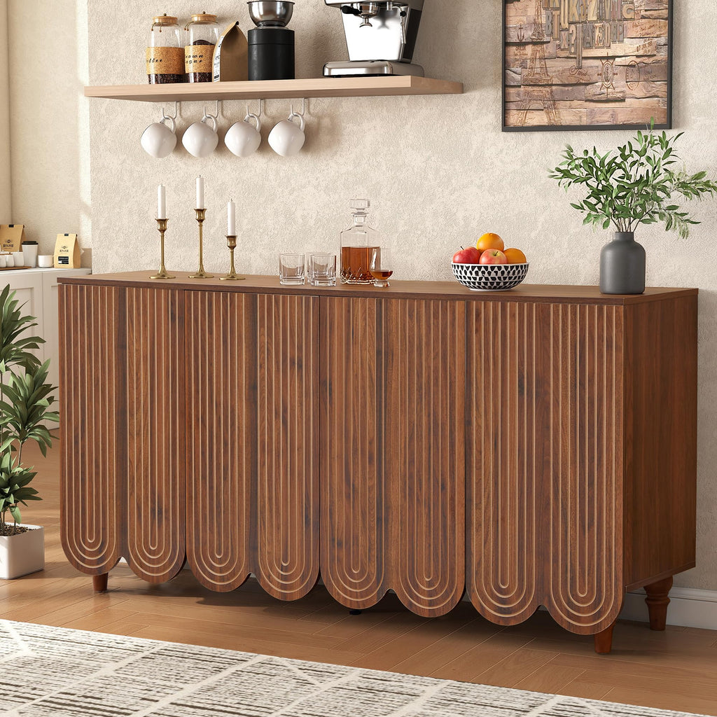 63" Buffet Cabinet with Scalloped Arched Doors, 4-Door Sideboard with Adjustable Shelves, Push-to-Open & Soft-Close
