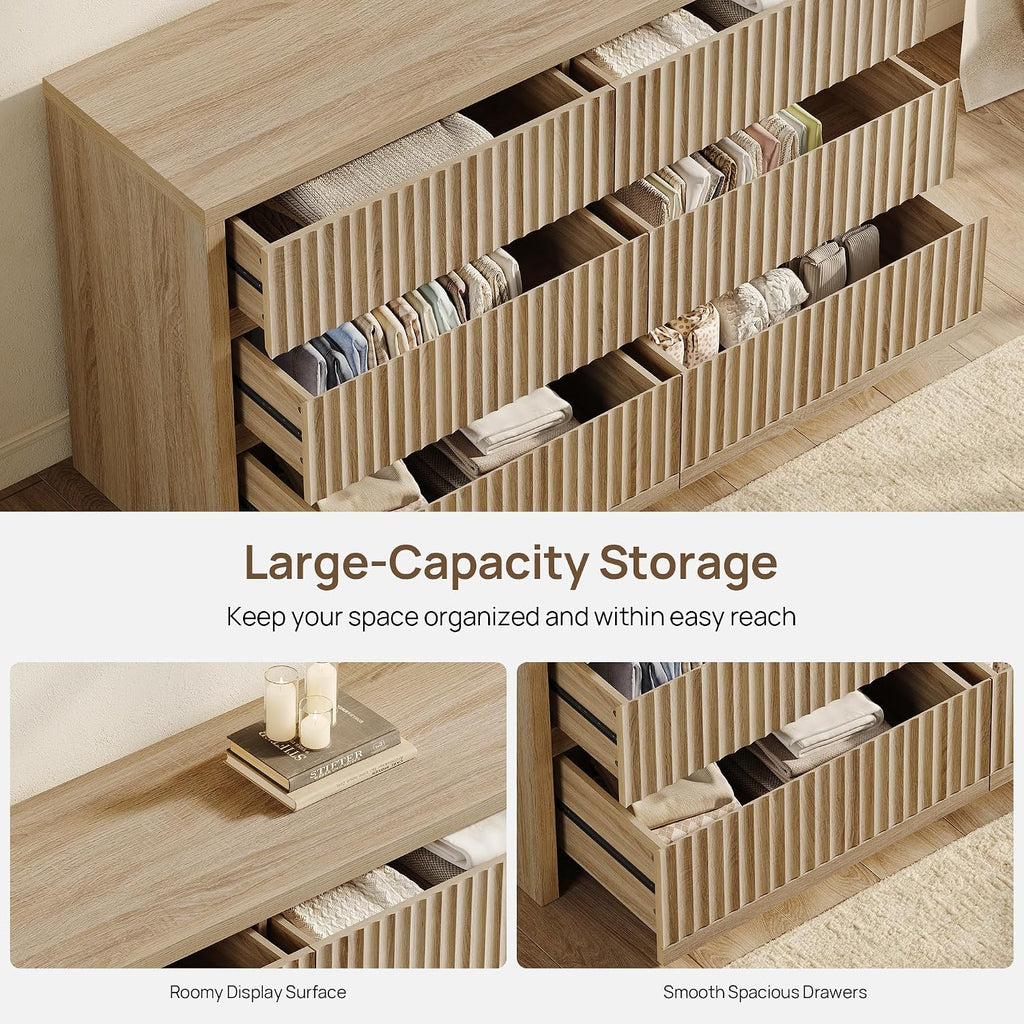 Fluted 6 Drawer Dresser - 55.2''W Large Chest of Drawers | Modern Long Bedroom Dressers with Deep Drawers, 17.7''D