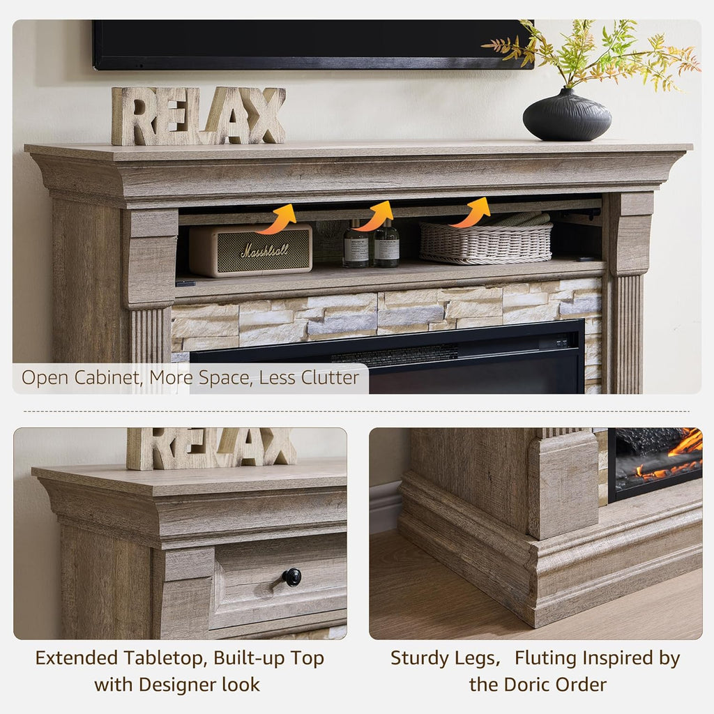 52" Farmhouse Electric Fireplace TV Stand with Mantel & Cabinet