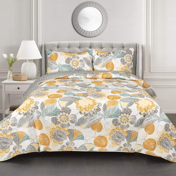 Layla Reversible Cotton Quilt 3 Piece Set Yellow & Gray - Floral Bedding Set Quilt