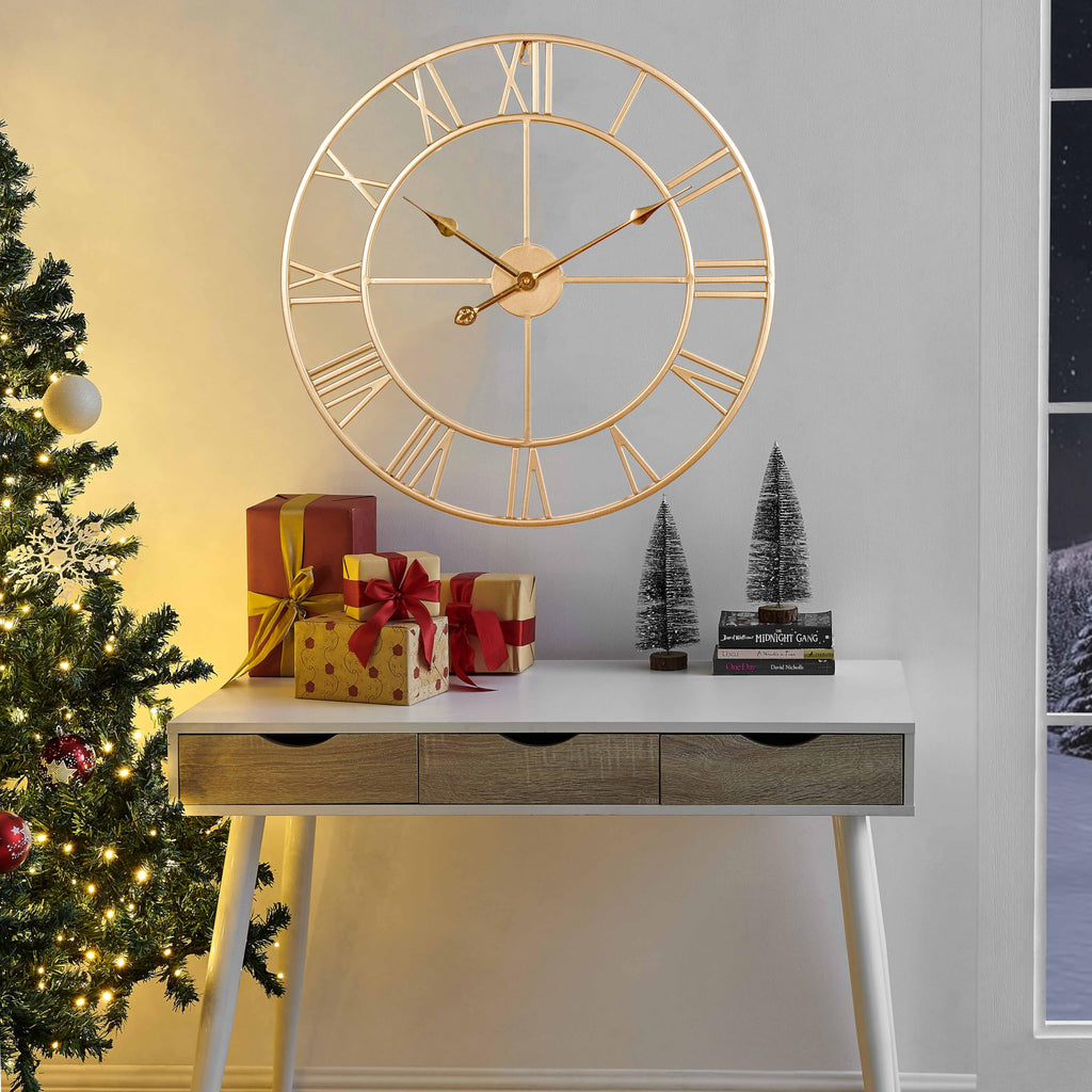 Silent 24 Inch Wall Clock Decor, Gold Roman Numeral
