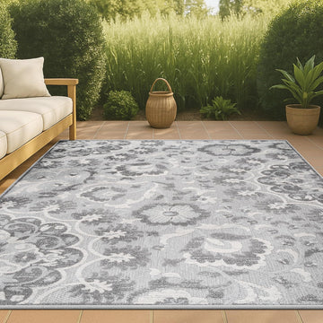 Medallion High-Low Indoor Outdoor Area Rug Light Gray/Ivory, Lucena Modern for Backyard, Patio, Porch