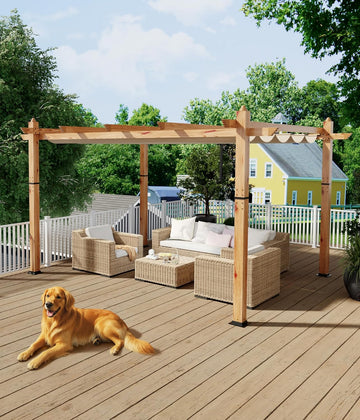 10 x 13 ft Wood-Grain Aluminum Pergola Outdoor Pergola with Retractable Canopy Sun Shade Shelter for Garden