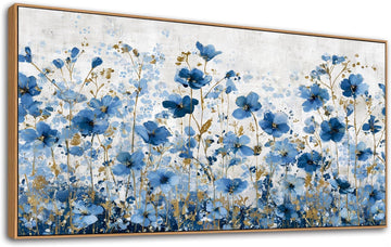 Floral Canvas Wall Art Blue & Gold Framed Flower Print Ready to Hang Modern Boho Decor Bedroom Dining Room