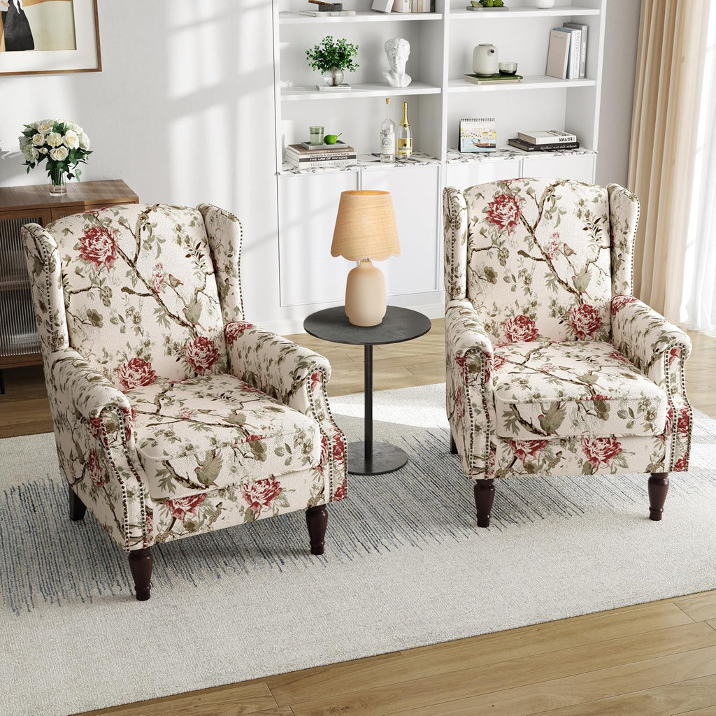 High Back Floral Accent Chair - Retro Wingback Upholstered Armchair with Nailhead Trim, Solid Wood Legs, Fabric