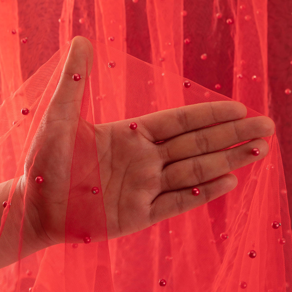Red Pearl Tulle Fabric, 1 Yard