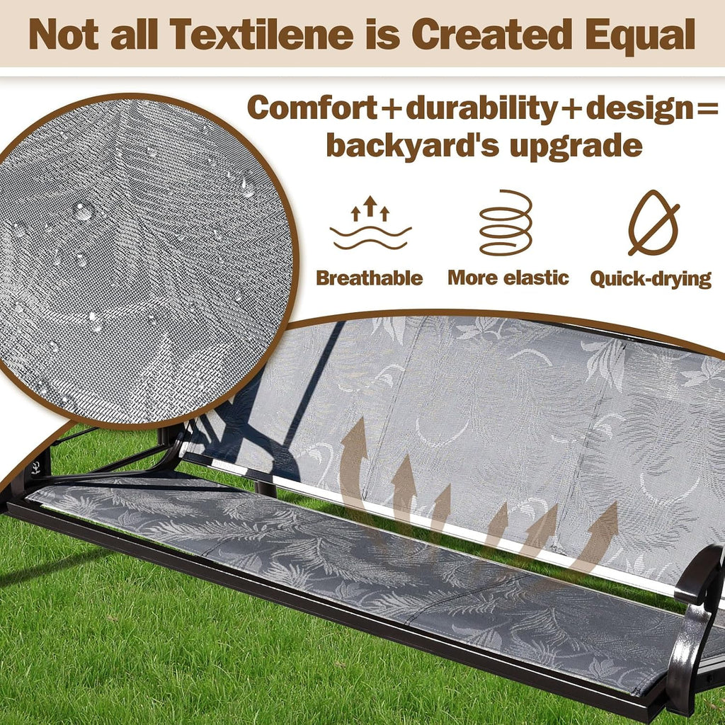 3 Person Patio Swing Outdoor Swing for Adults with Adjustable Canopy &Upgraded Cup Holders Textilene Fabric Porch