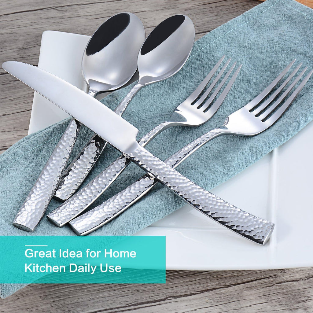 Flatware Silverware Set Hammered Mirror Polished Stainless Steel 20-Piece Set