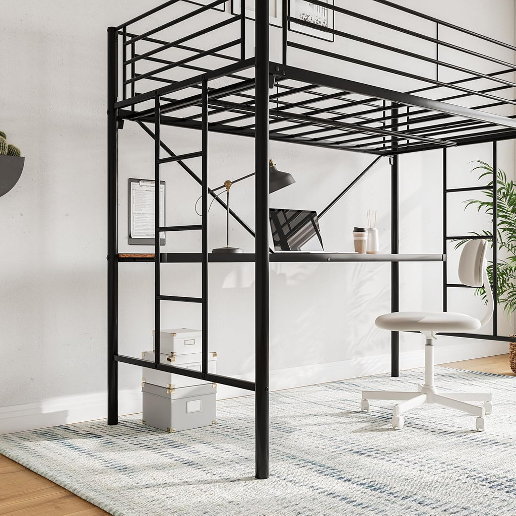 Metal Loft Bed with Desk & 2 Built-in Ladders,Safety Guard Rail, Space-Saving Design, No Box Spring Needed, Twin Black