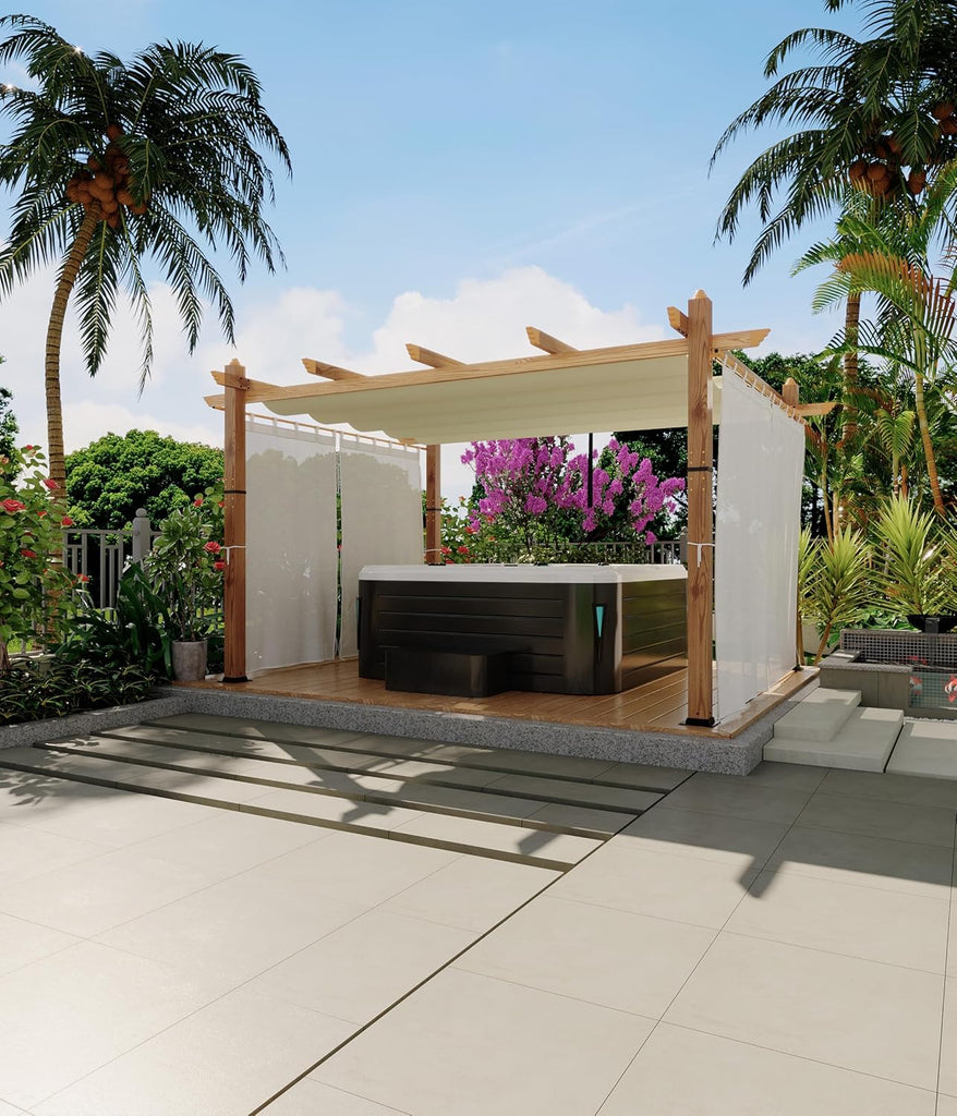 10 x 13 ft Wood Grain Aluminum Pergola with Retractable Canopy & Netting, Outdoor Sun Shade Shelter for Patio, Garden