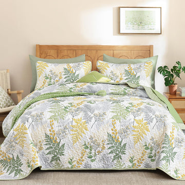 Quilt, 3 Pieces Sage Green Botanical Bedspread with Farmhouse Leaves Pattern, Soft Lightweight Microfiber