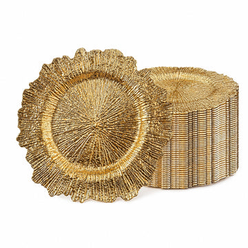 Electroplated Gold Charger Plates Set of 40, Plastic Reef Plate Chargers for Wedding, Party, Holiday Dinner, 13 Inch