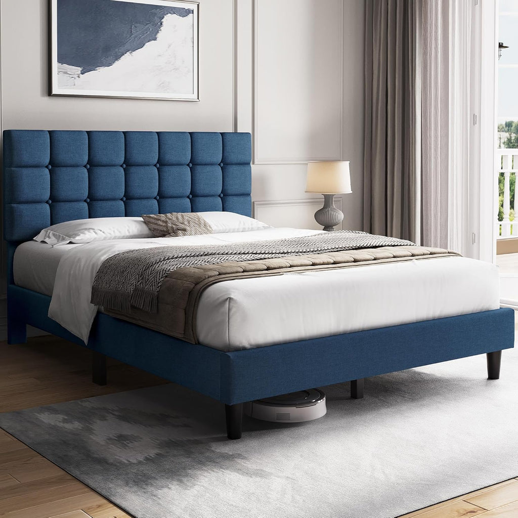 Upholstered Bed Frame, Modern Queen Bed Platform with Square Stitched&Button Tufting Headboard Height Adjustable