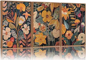 Orange Floral Framed Canvas Wall Art Set of 3, Mid Century Modern Flower Wall Decor, Neutral Plant Artwork, Boho