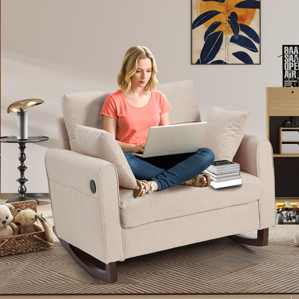 Rocking Chair, Upholstered Nursery Rocking Chair with High Back and Side Pocket USB Port, Double Wide Rocker Glider